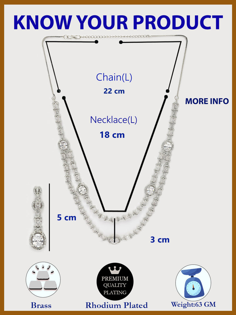 Rhodium Plated Silver Toned Sparkle White American Diamond Studded Jewellery Set