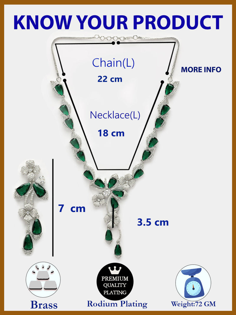 Rhodium Plated Silver Toned Emerald & White American Diamond Studded Necklace set