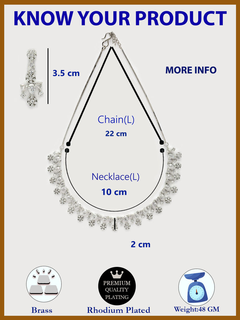 Rhodium Plated Silver Toned Cascade Design & White American Diamond Stone Studded Jewellery Set