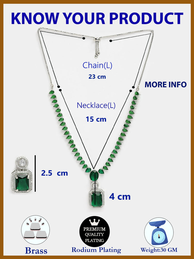 Rhodium Plated with Unique Design Necklace & Green American Diamond Studded Necklace Set