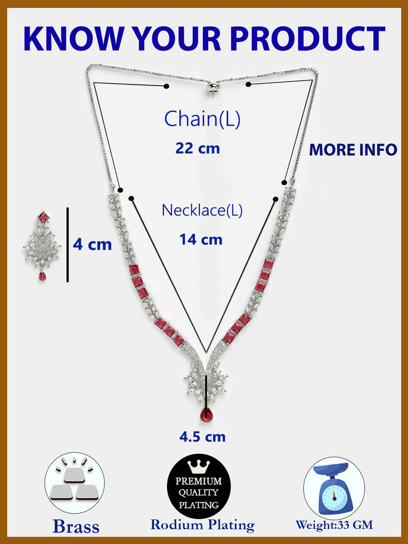 Rhodium Plated with Red American Diamond Studded Floral Design & Curved Shaped Necklace Set