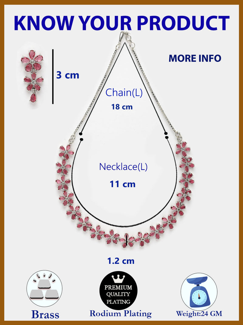 Rhodium Plated with Pink American Diamond Studded Floral Design Necklace Set