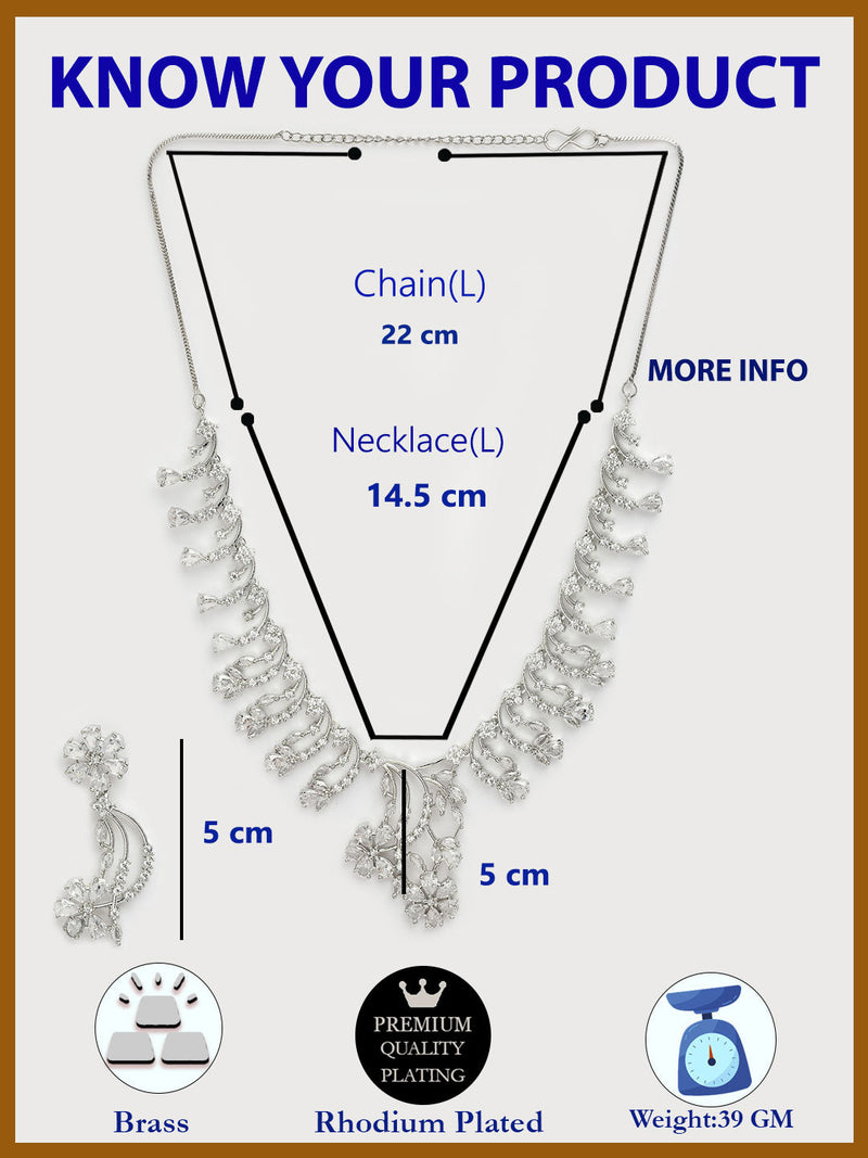 Rhodium Plated Silver Toned White American Diamond Studded Floral Jewellery Set