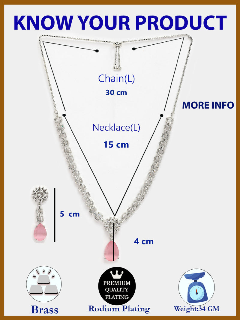 Rhodium Plated Silver Toned Teardrop Shaped Pink American Diamond Studded Necklace Set