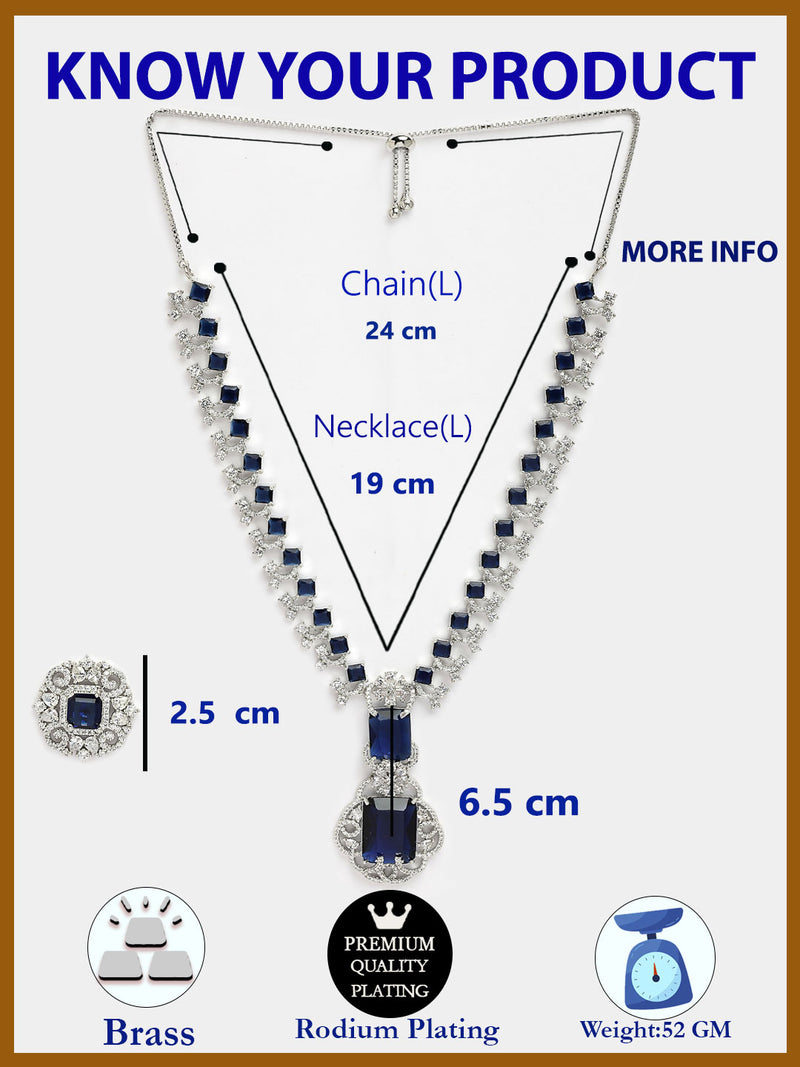 Rhodium Plated with Blue American Diamond Studded Maharani Design Necklace Set