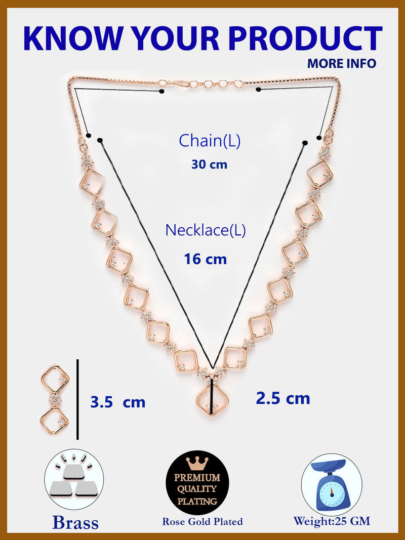 Rose Gold Plated Square Blossom Design with White American Diamond Stone Studded Jewellery Set