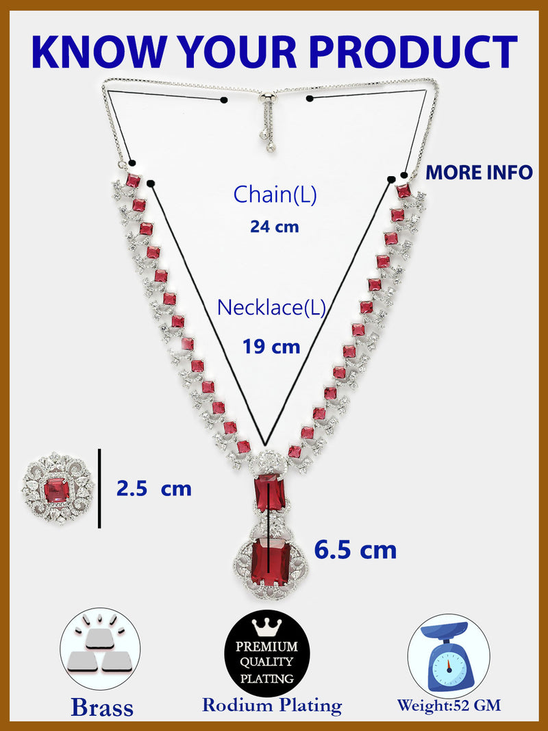 Rhodium Plated with Red American Diamond Studded Maharani Design Necklace Set