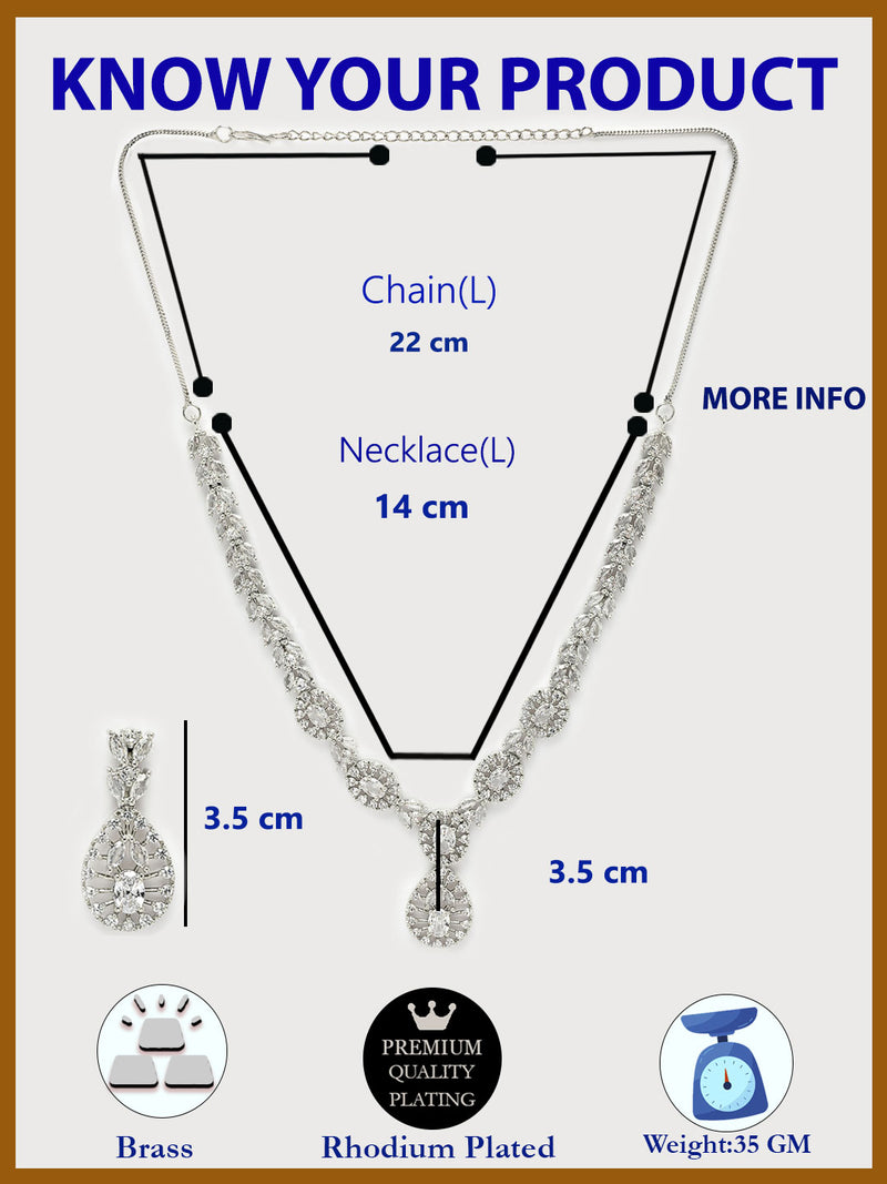 Rhodium Plated with White American Diamond Floral Drop Necklace Set