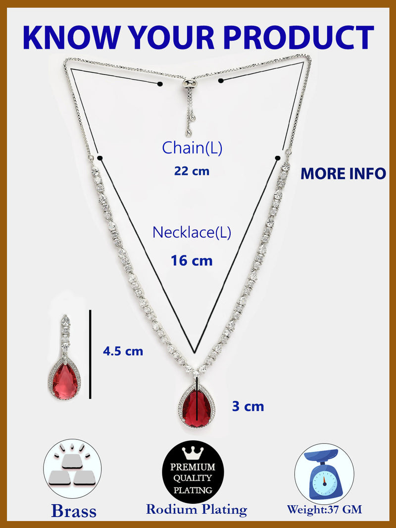 Rhodium Plated with Teardrop Shaped Red American Diamond Studded Necklace Set