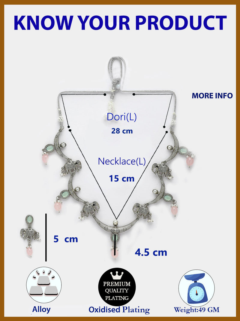 Oxidized Plated with Pink Pearl & Stone Studded Jewellery Set