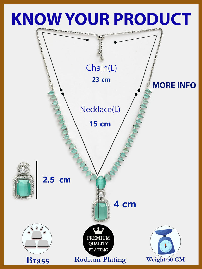 Rhodium Plated with Unique Design Necklace & Sea Green American Diamond Studded Necklace Set