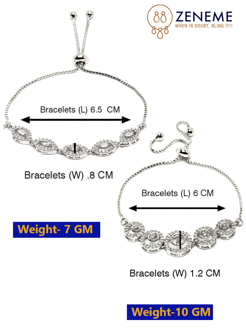 Rhodium Plated Silver Toned American Diamond Studded  Round Design Charm Adjustable Bracelet Combo Set of 2