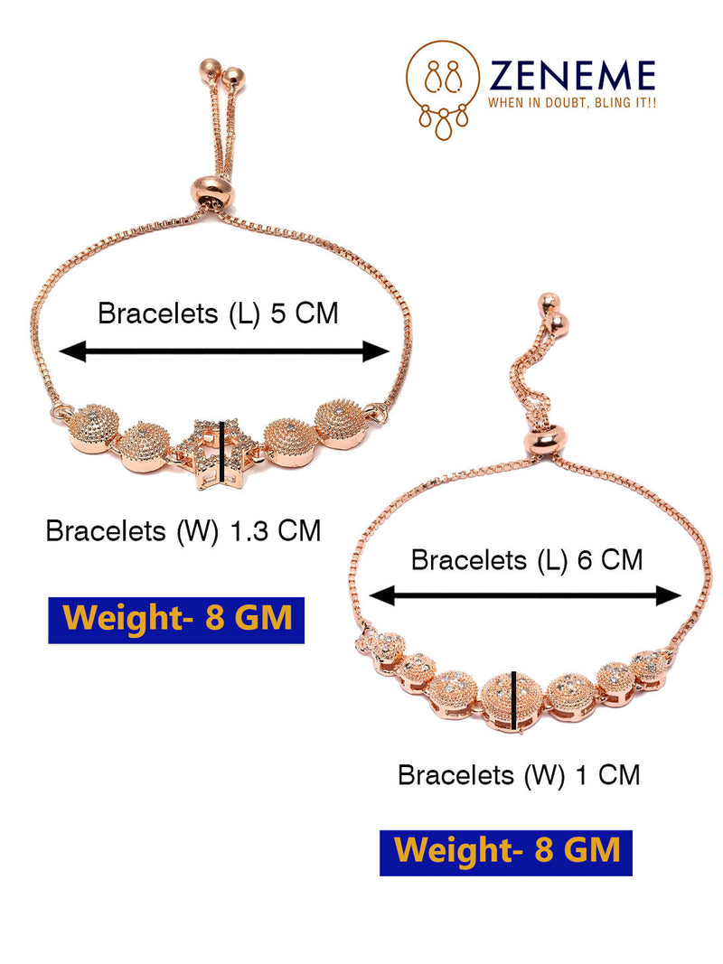 Rose Gold Plated American Diamond Studded Round & Star Charm Adjustable Bracelet Combo Set of 2