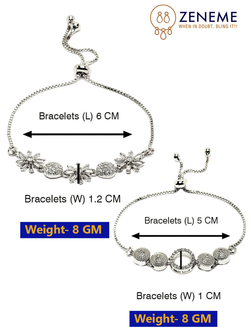Rhodium Plated Silver Toned American Diamond Studded Halo Round Charm & Floral Design Adjustable Bracelet Combo Set of 2