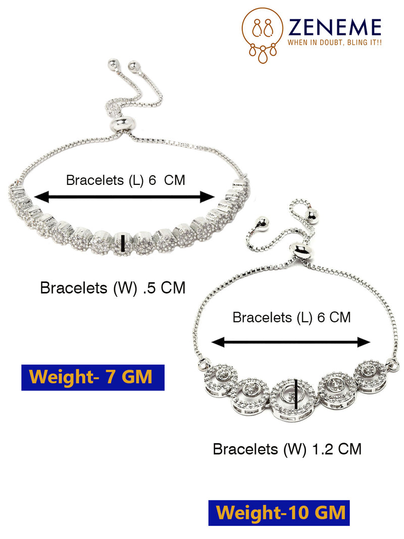 Rhodium Plated Silver Toned American Diamond Studded Round Design Charm Adjustable Bracelet Combo Set of 2