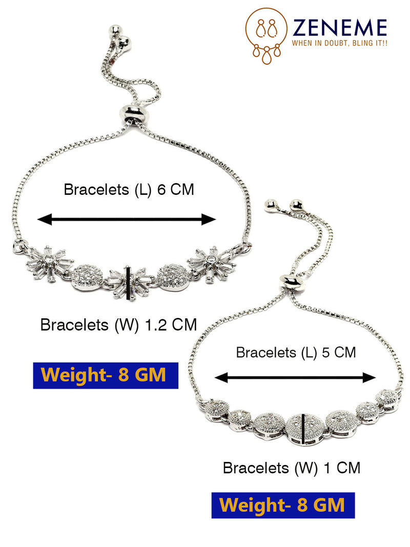 Rhodium Plated Silver Toned American Diamond Studded Floral Design & Round Charm Adjustable Bracelet Combo Set of 2