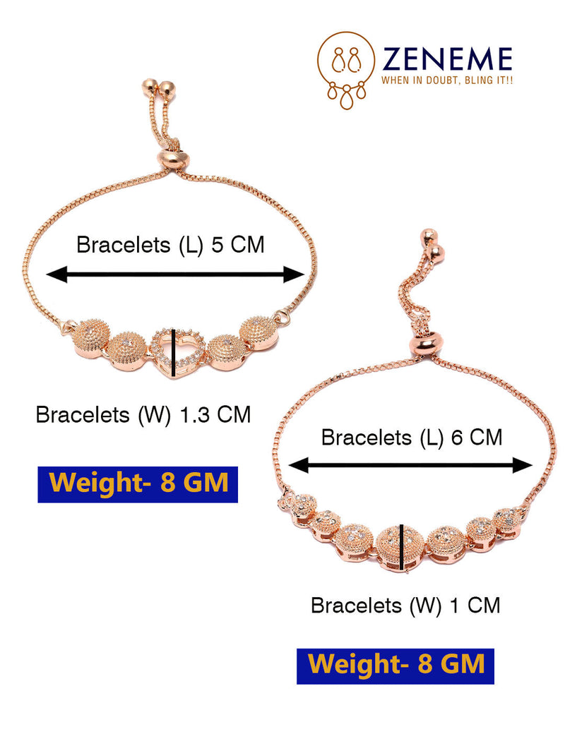 Rose Gold Plated American Diamond Studded Halo Heart & Round Charm Adjustable Bracelet Combo Set of 2