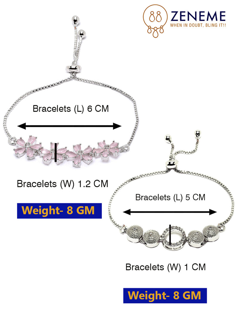 Rhodium Plated Silver Toned American Diamond Studded Round Charm & Pink Floral Design Adjustable Bracelet Combo Set of 2