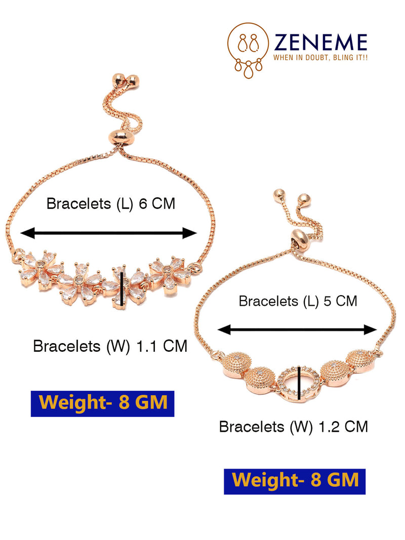 Rose Gold Plated Halo Star Charm Beaded & Floral Design Set Of 2 Adjustable Stackable Bracelets