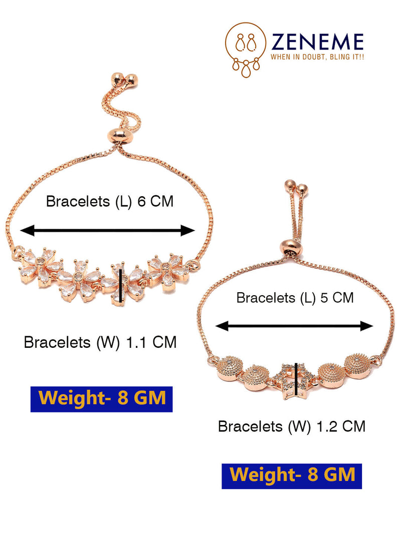 Rose Gold Plated Halo Star Charm Beaded & Floral Design Set of 2 Adjustable Stackable Bracelets