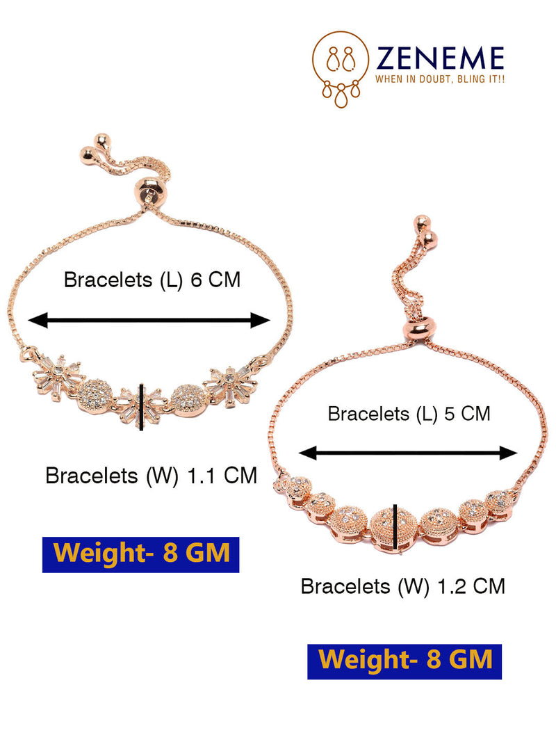 Rose Gold Plated Round Charm Beaded & Floral Design Set Of 2 Adjustable  Stackable Bracelets