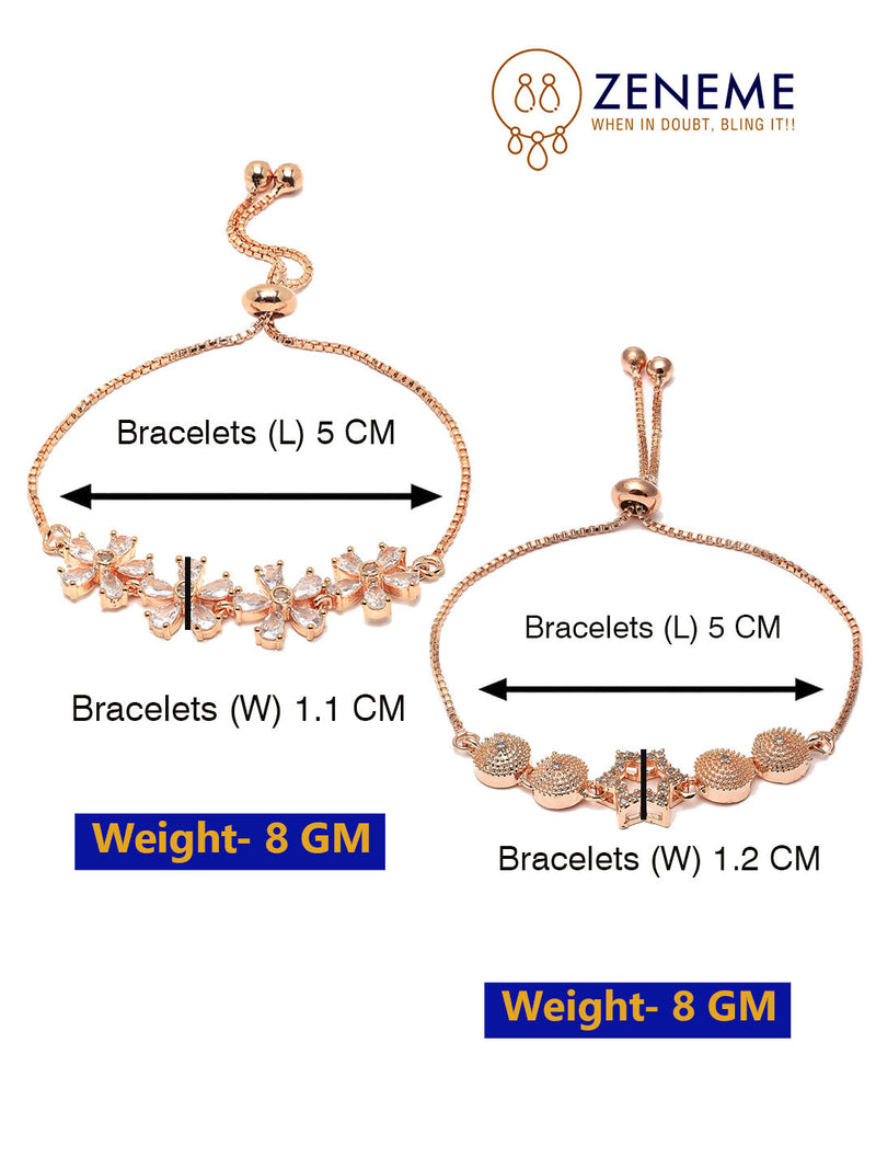 Rose Gold Plated  American Diamond Studded Pink Floral Design & Halo Star Charm Adjustable Bracelet Combo Set of 2