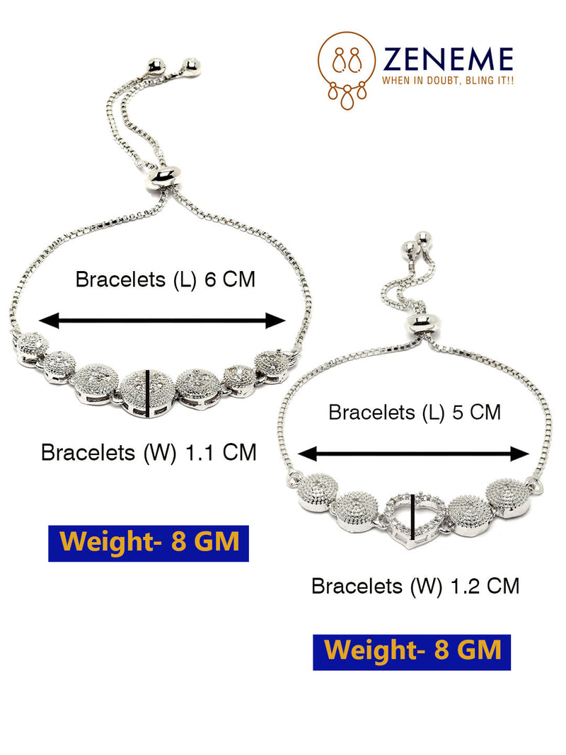 Rhodium Plated Silver Toned American Diamond Studded Heart & Round Charm Adjustable Bracelet Combo Set of 2