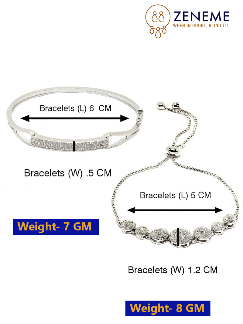 Rhodium Plated Silver Toned American Diamond Studded  Round Charm Adjustable Bracelet & Cuff Bracelet  Combo Set of 2