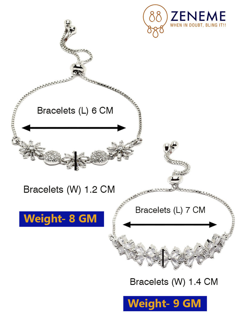 Rhodium Plated Silver Toned White Floral Set Of 2 Adjustable Stackable Bracelet