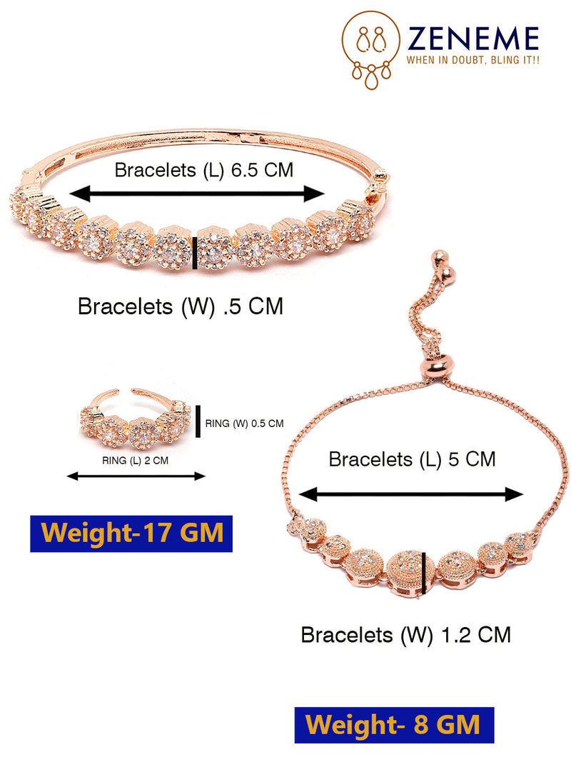 Rose Gold Plated Round Charm Beaded Set Of 2 Adjustable & Cuff Bracelet With Ring