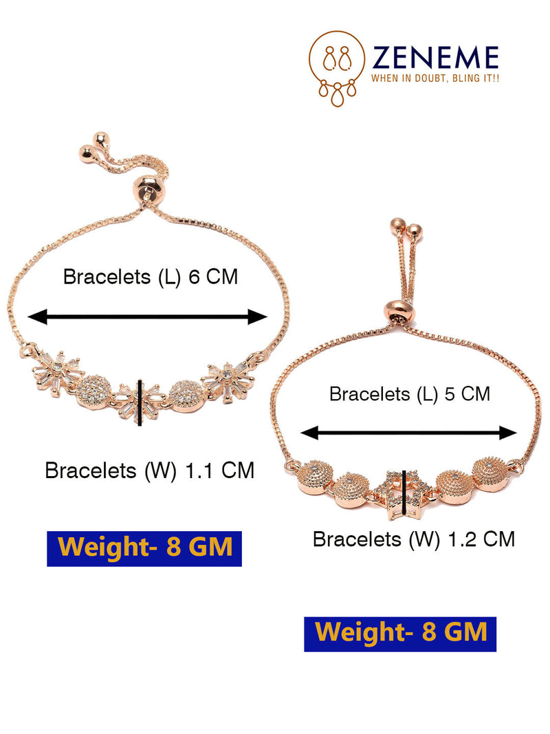 Rose Gold Plated  American Diamond Studded Floral & Star Charm Adjustable Bracelet Combo Set of 2