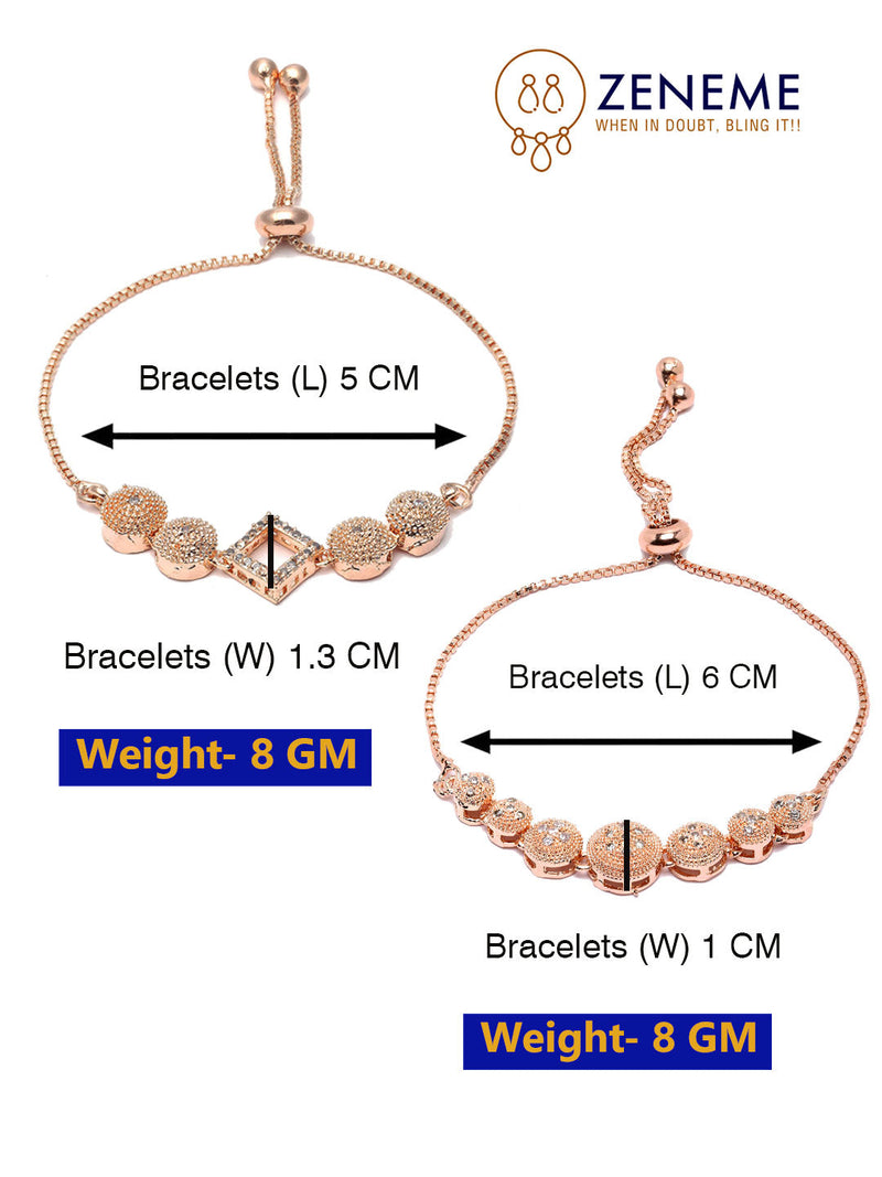 Rose Gold Plated American Diamond Studded Round & Squared Charm Adjustable Bracelet Combo Set of 2