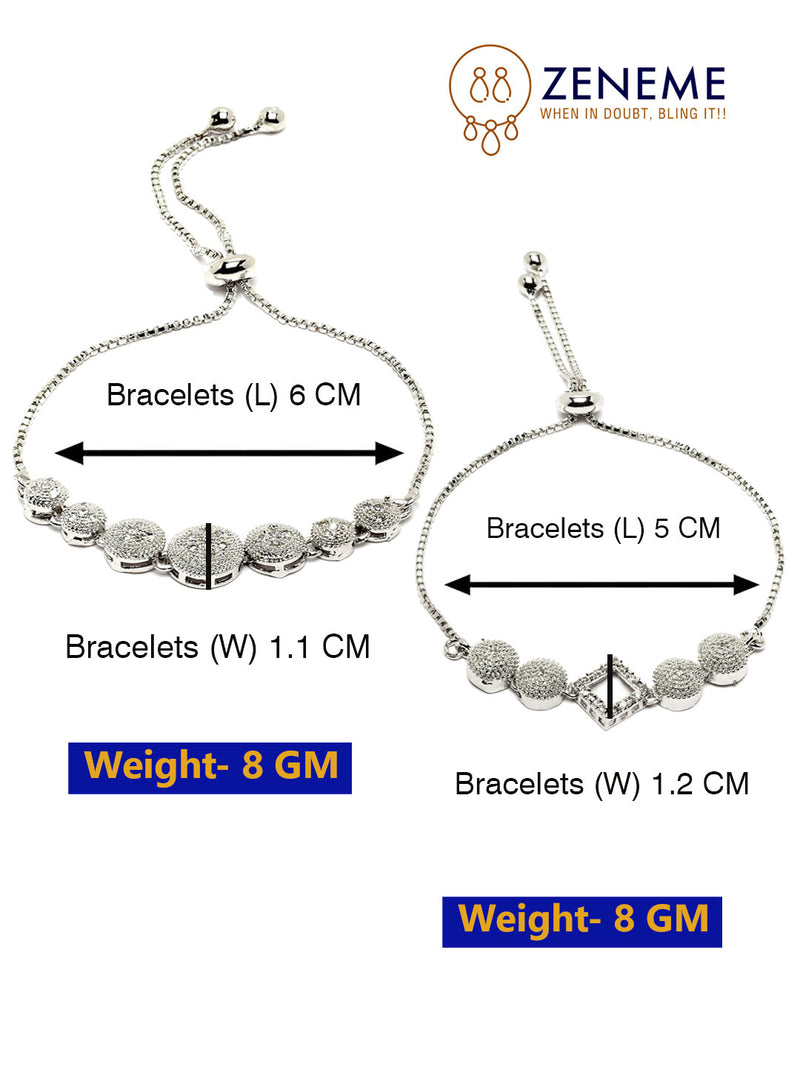 Rhodium Plated Silver Toned American Diamond Studded Square & Round Charm Adjustable Bracelet Combo Set of 2