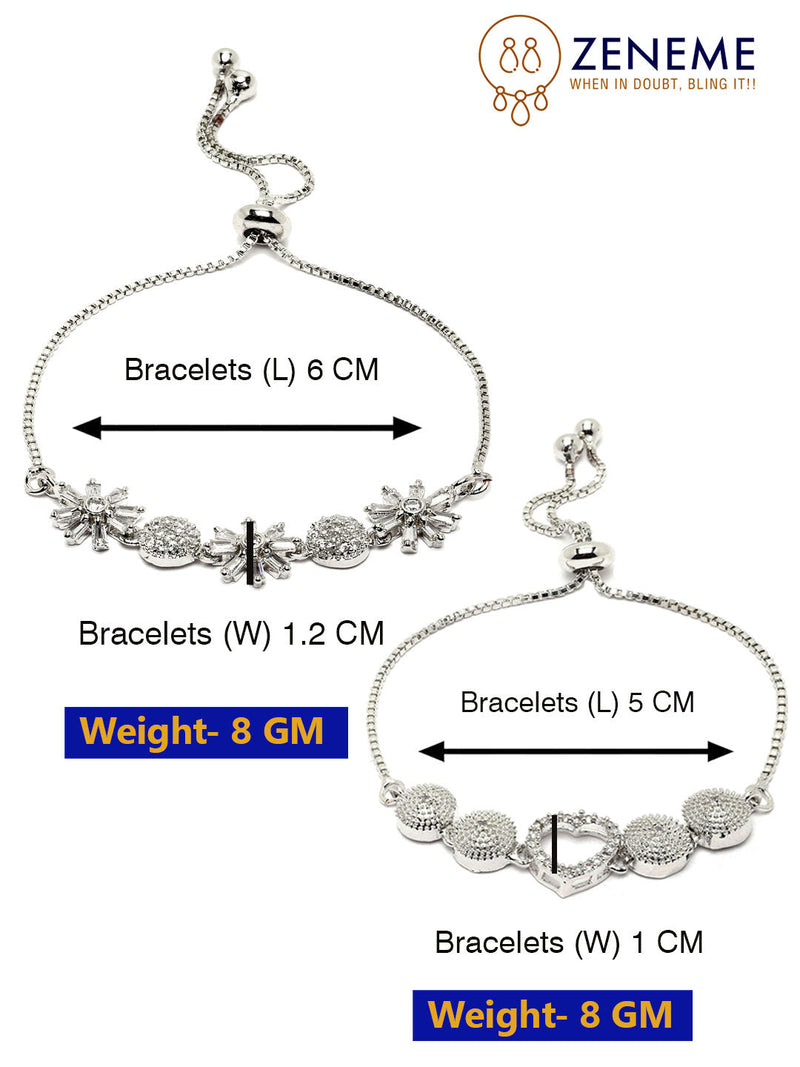 Rhodium Plated Silver Toned American Diamond Studded Halo Heart Charm & Floral Design Adjustable Bracelet Combo Set of 2