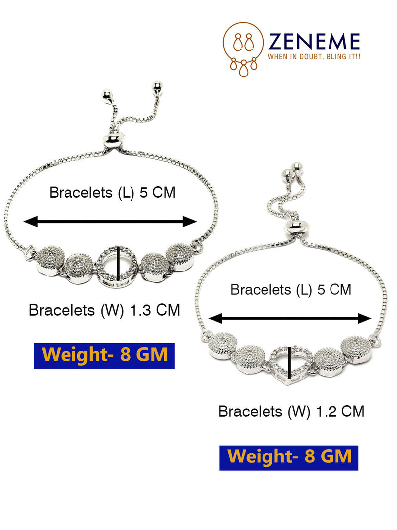 Rhodium Plated Silver Toned American Diamond Studded Heart & Halo Round Charm Adjustable Bracelet Combo Set of 2