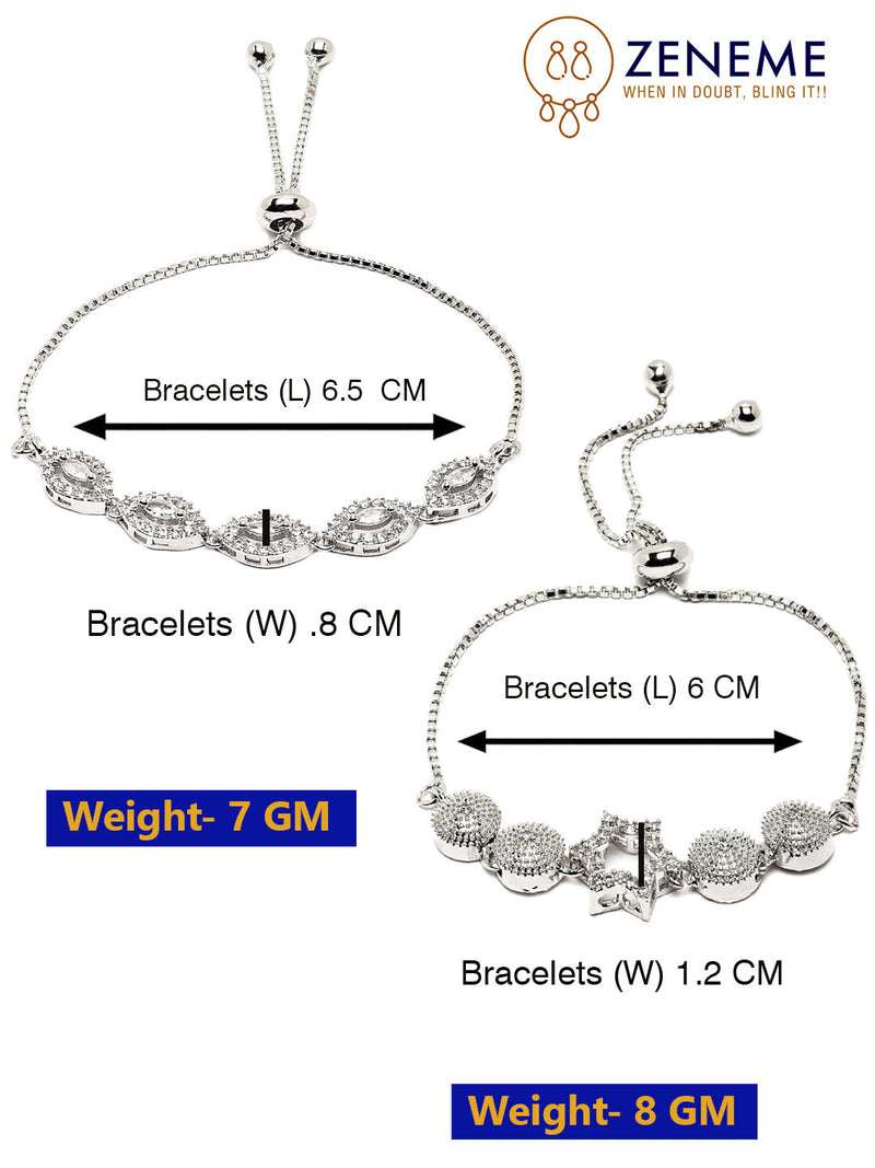 Rhodium Plated Silver Toned American Diamond Studded Halo Teardrop Design & Star Charm Adjustable Bracelet Combo Set of 2