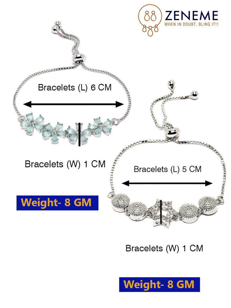 Rhodium Plated Silver Toned American Diamond Studded Star Charm & Sea Green Floral Design Adjustable Bracelet Combo Set of 2