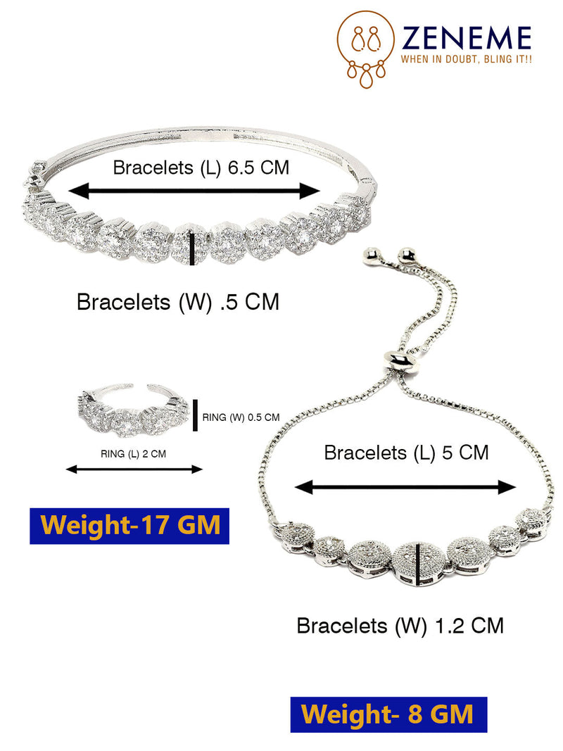 Rhodium Plated Silver Toned American Diamond Studded  Round Charm Bracelet Combo Set of 2 With Ring