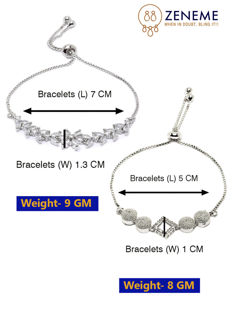 Rhodium Plated Silver Toned American Diamond Studded Square Charm & White Floral Design Adjustable Bracelet Combo Set of 2