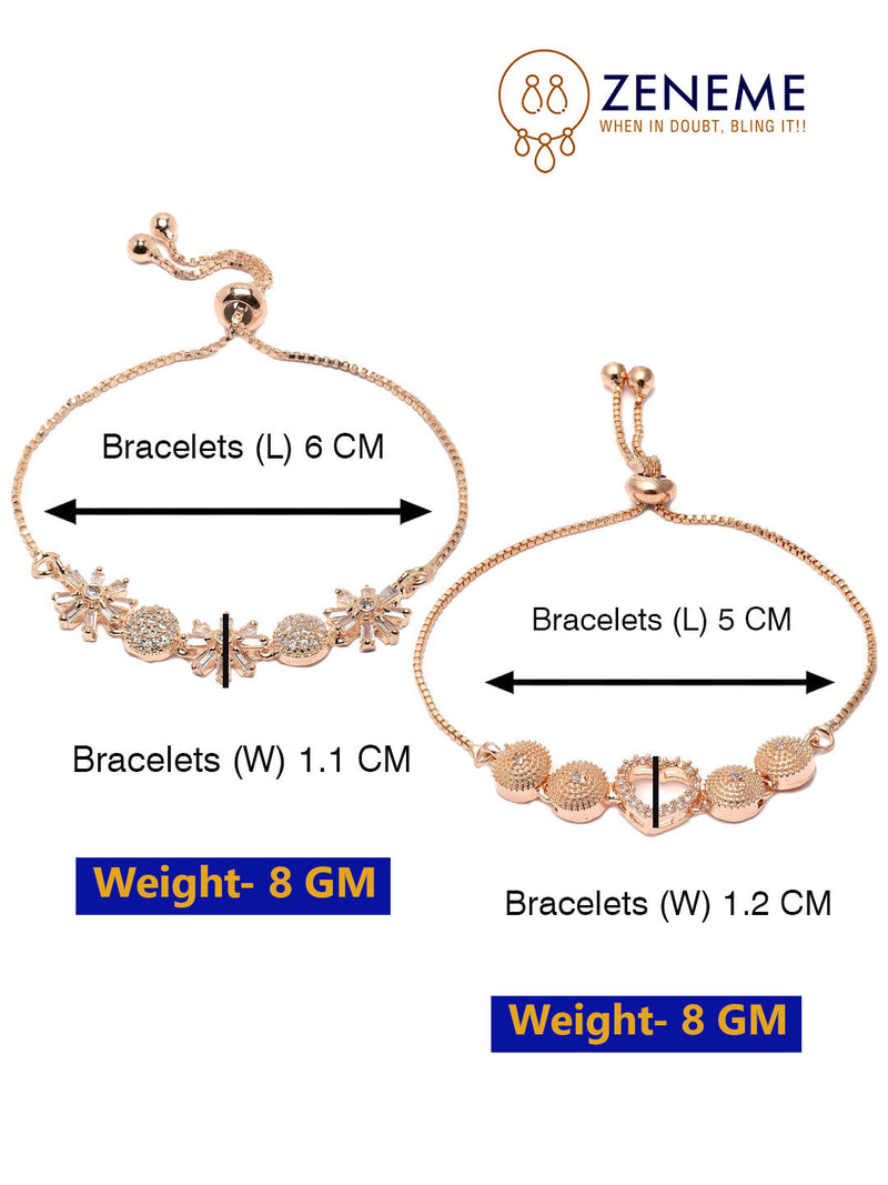 Rose Gold Plated  American Diamond Studded Heart & Floral Charm Adjustable Bracelet Combo Set of 2
