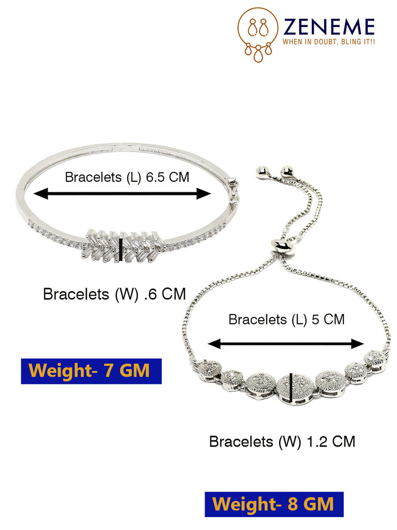 Rhodium Plated Silver Toned American Diamond Studded  Round Design Charm Adjustable Bracelet & Classic Cuff Bracelet Combo Set of 2