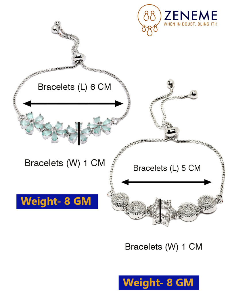 Rhodium Plated Silver Toned American Diamond Studded Star Charm & Sea Green Floral Design Adjustable Bracelet Combo Set of 2