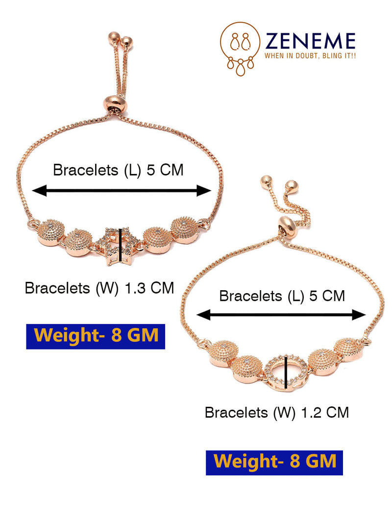 Rose Gold Plated Halo Star & Round Charm Beaded Set Of 2 Adjustable Stackable Bracelet