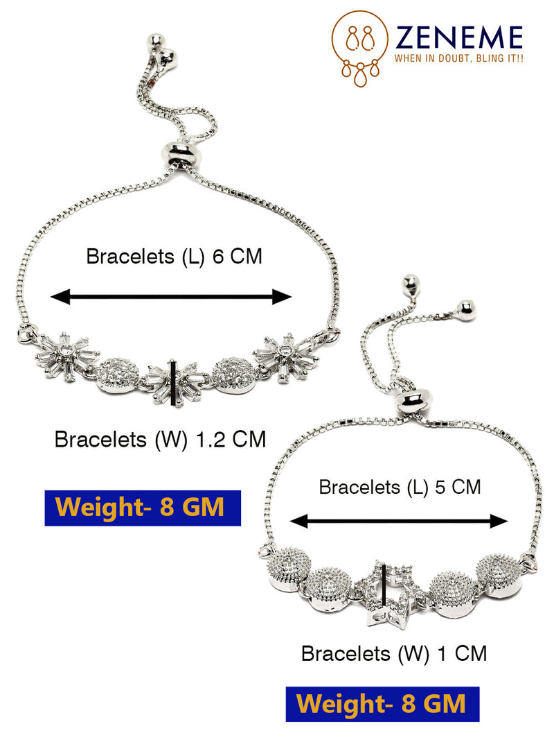 Rhodium Plated Silver Toned American Diamond Studded Halo Star Charm & Floral Design Adjustable Bracelet Combo Set of 2