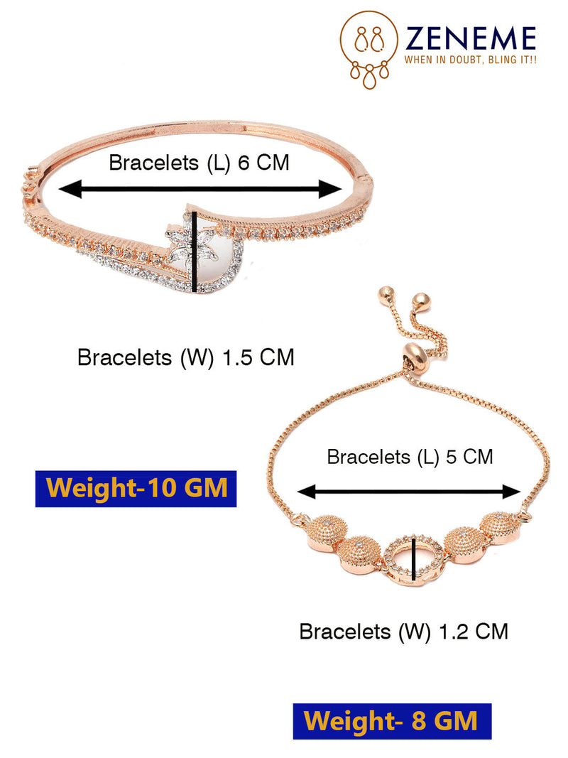 Rose Gold Plated American Diamond Studded Floral Design Cuff Bracelet  & Halo Round Charm Adjustable Bracelet Combo Set Of 2