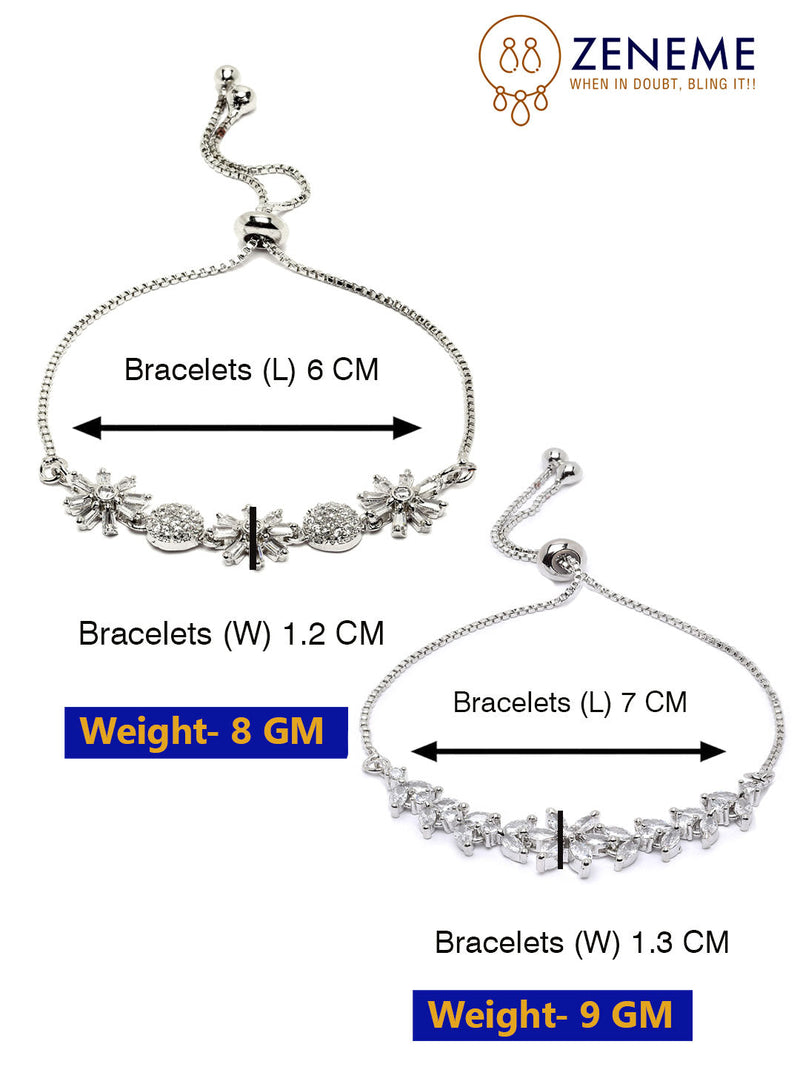 Rhodium Plated Silver Toned White Floral Set Of 2 Adjustable Stackable Bracelet