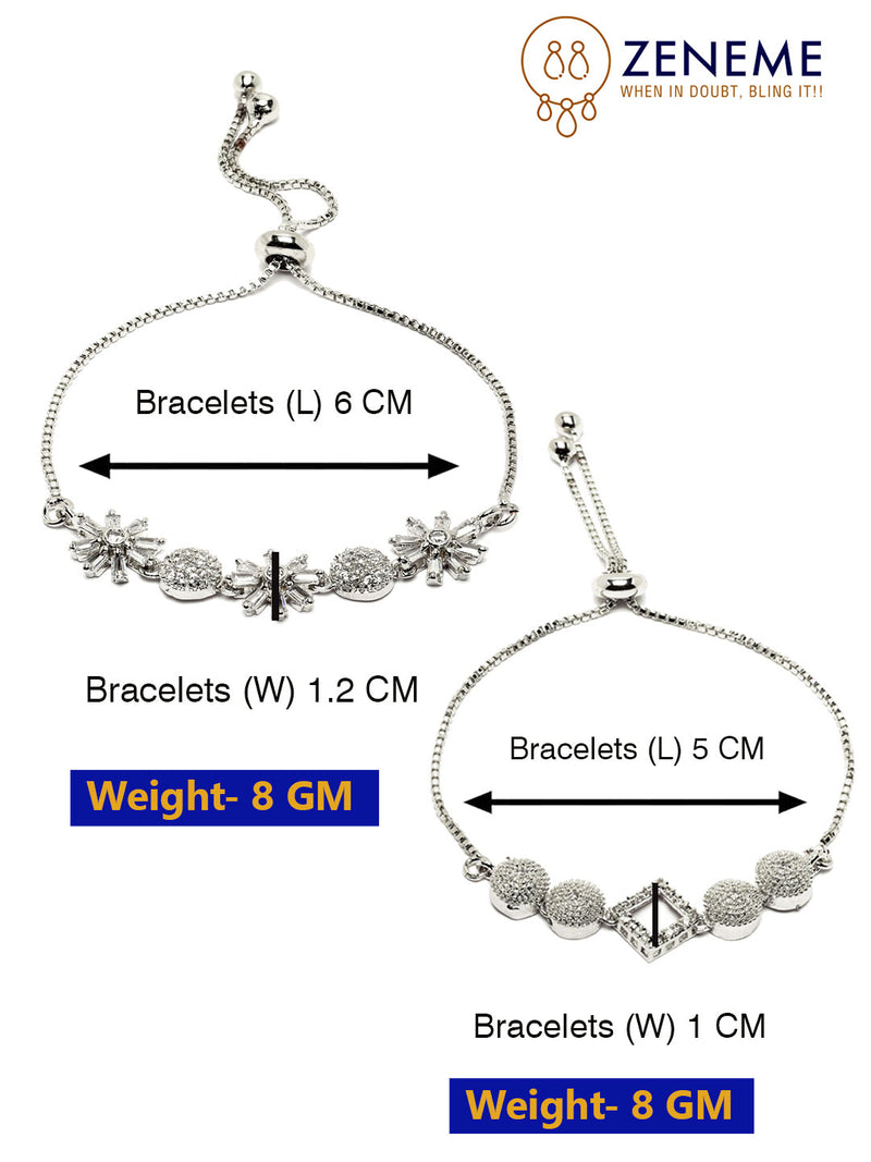 Rhodium Plated Silver Toned American Diamond Studded Square & Floral Charm Adjustable Bracelet Combo Set of 2