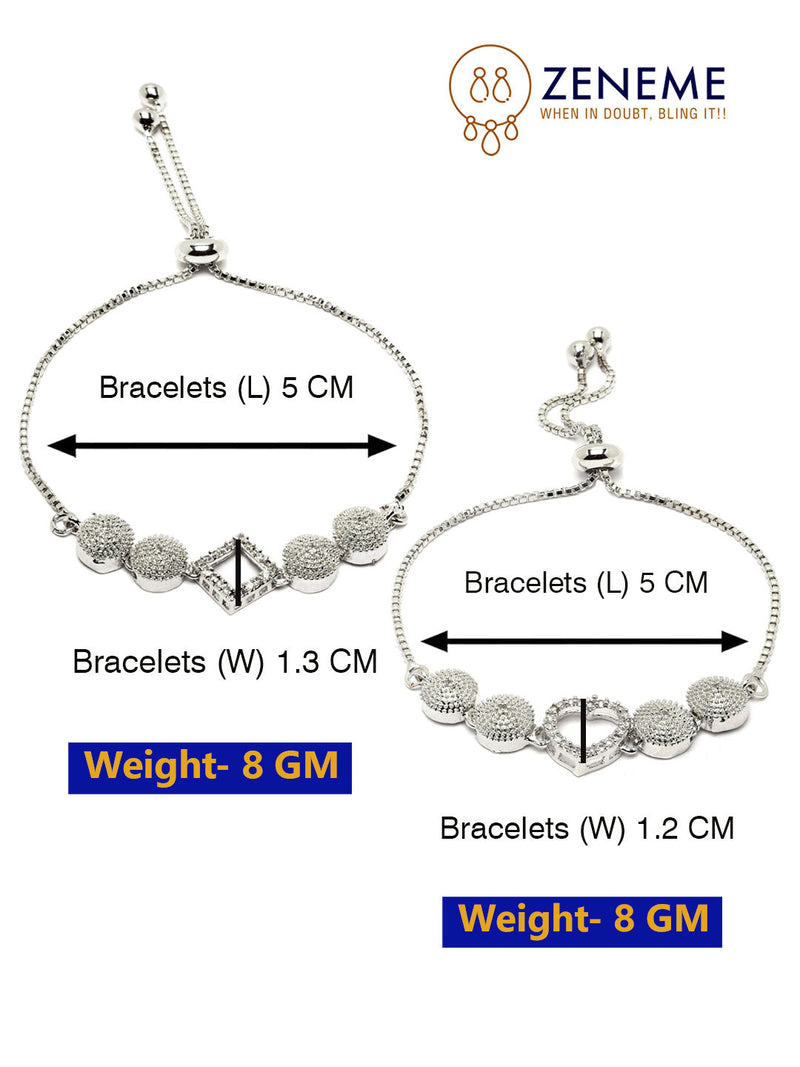 Rhodium Plated Silver Toned American Diamond Studded Halo Heart & Square Charm Adjustable Bracelet Combo Set of 2
