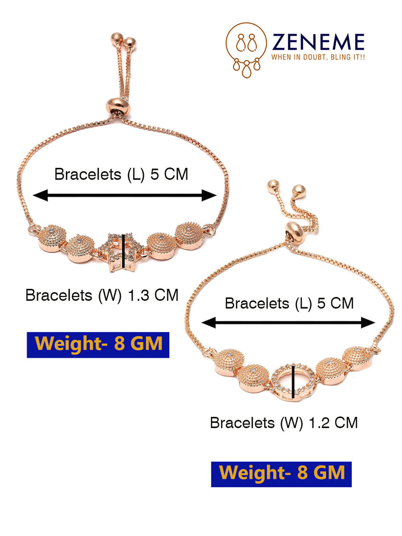 Rose Gold Plated Halo Star & Round Charm Beaded Set Of 2 Adjustable Stackable Bracelet