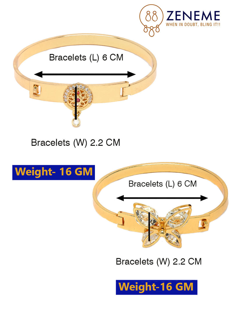 Gold Plated Minimal Design Butterfly & Drop CZ Studded Cuff Bracelet Set of 2